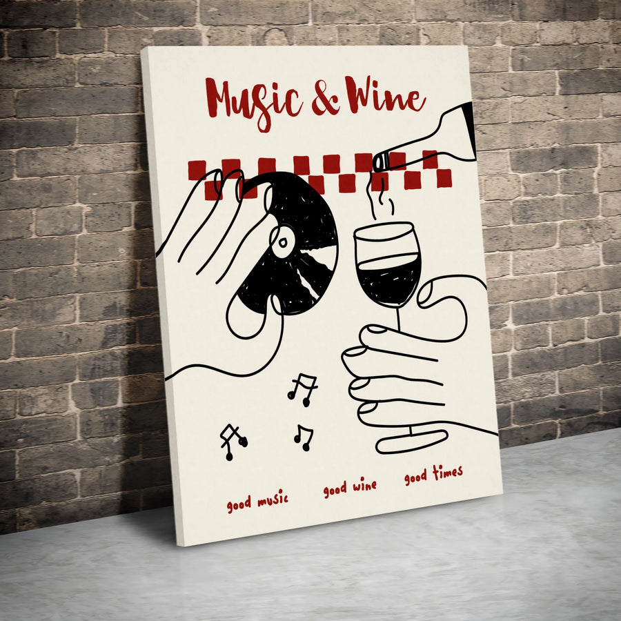 Music and Wine Wall Art | Minimalist Line Drawing | Premium Gallery Wrapped Canvas | Gift for Music Lover and Wine Enthusiast