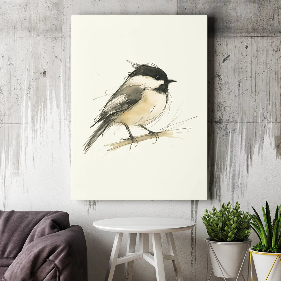 Chickadee Bird Wall Art | Minimalist Watercolor Sketch | Premium Gallery Wrap Canvas | Gift for Nature Lover & Bird Watcher