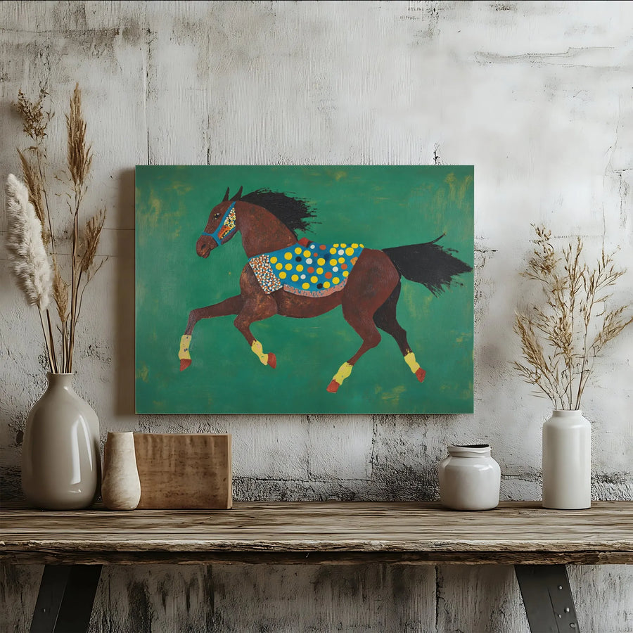 Folk Art Horse Canvas Wall Art | Colorful Equestrian Painting Print | Premium Canvas With Fade-Resistant Inks | Bohemian Farmhouse Decor Gift