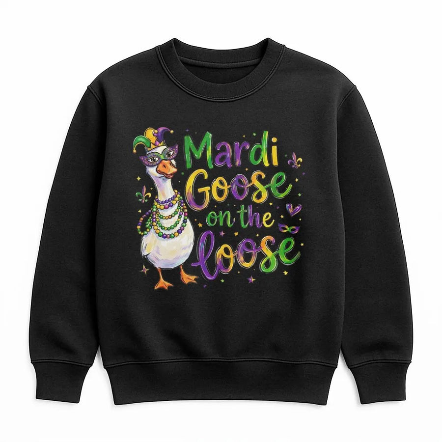 Mardi Goose On The Loose Sweatshirt | Funny Mardi Gras Party Design | Premium Cotton Blend | New Orleans Parade Gift For Her And Him