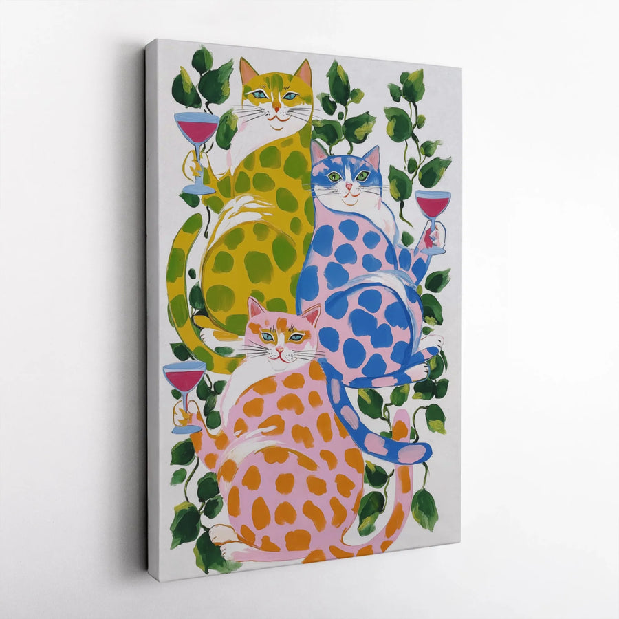 Whimsical Cat Wall Art | Colorful Polka Dot Cats Drinking Wine | Premium Gallery Wrapped Canvas | Fun Kitchen or Home Decor Gift
