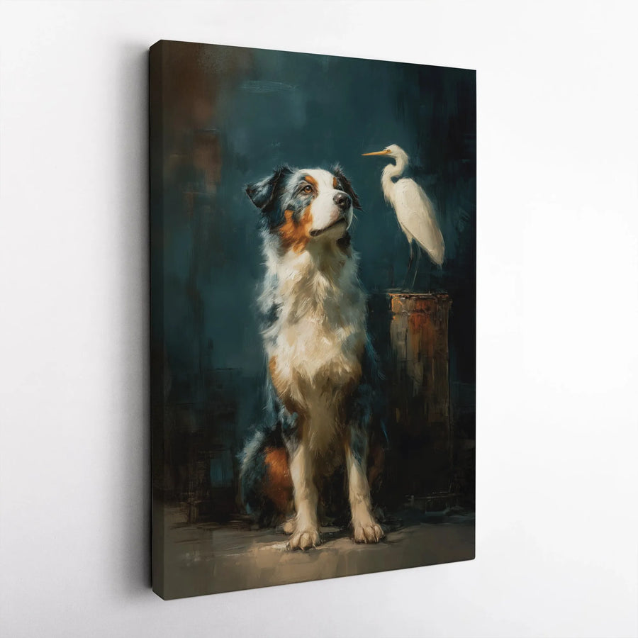 Australian Shepherd Art Canvas | Impressionist Dog and Egret Oil Painting Style | Premium Gallery Wrap Wall Decor | Nature Lover Living Room Gift