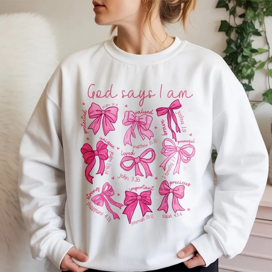 God Says I Am Sweatshirt | Christian Bow Aesthetic Design | Soft Cotton Blend Crewneck | Religious Scripture Gift for Women