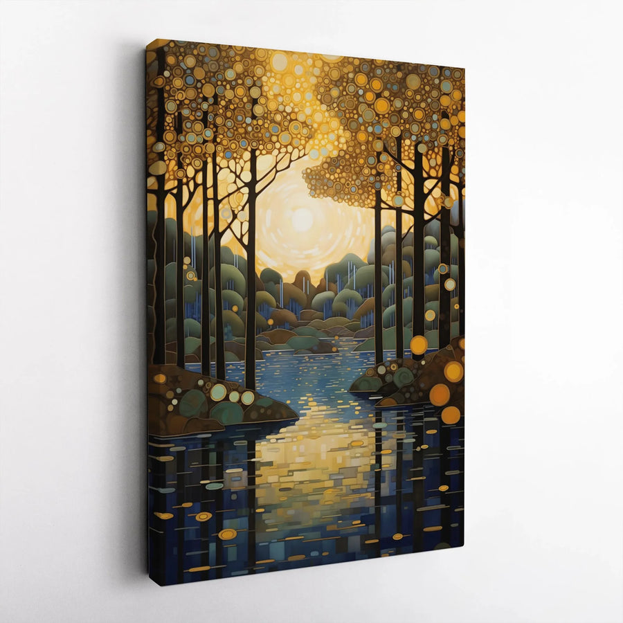 Abstract Forest Canvas Art | Gold Sunrise River Reflection | Premium Gallery Wrapped Decor | Modern Nature Landscape Wall Print