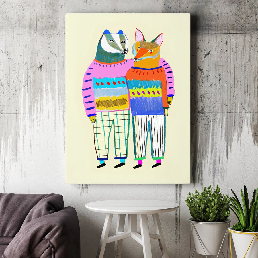 Whimsical Badger and Fox Canvas Print | Colorful Animal Illustration Wall Art | Gallery-Quality 1.25" Profile | Nursery Decor or Quirky Gift