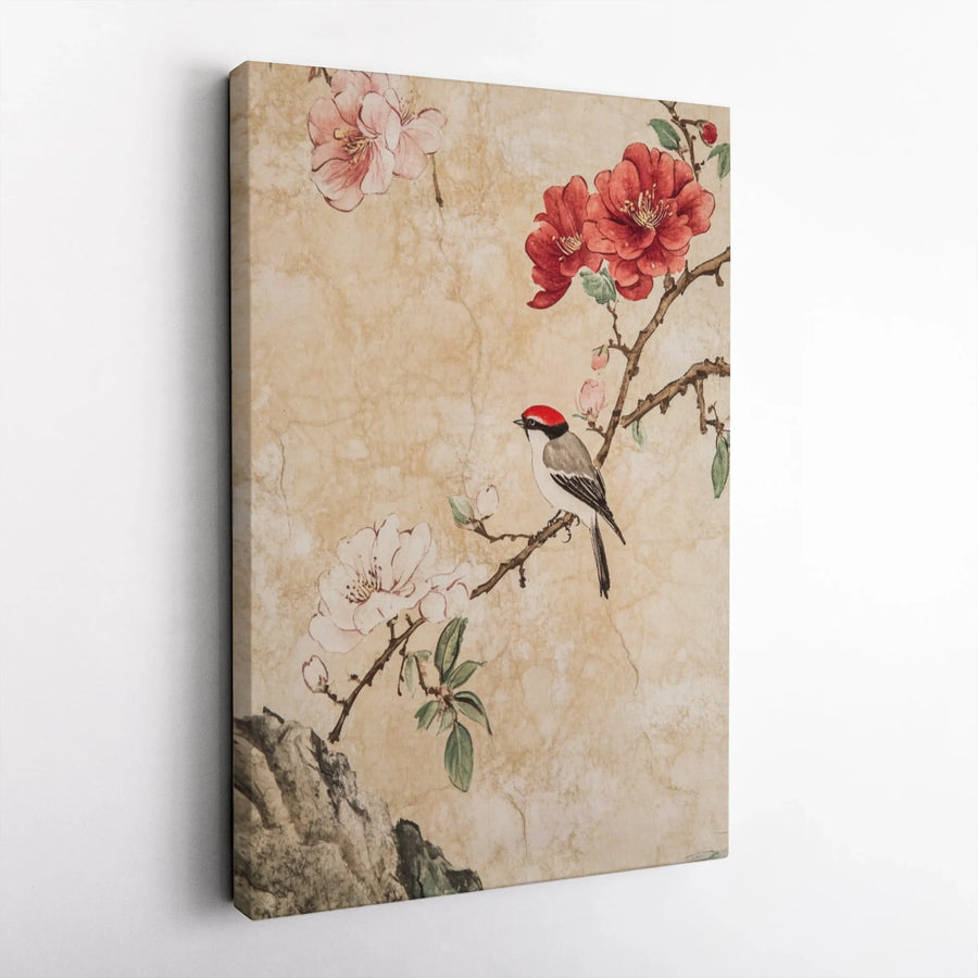 Asian Bird Canvas Wall Art | Red-Capped Bird Flowering Branch | Premium Gallery Wrap Print | Nature Inspired Home Decor Gift
