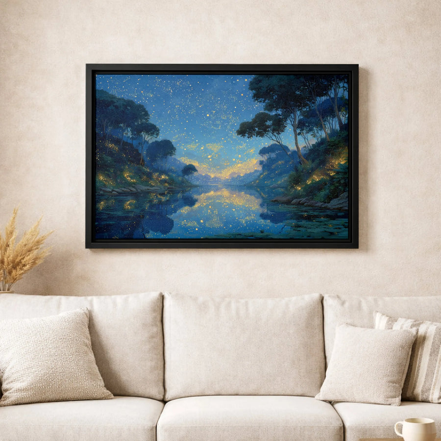 Enchanted Forest Canvas Wall Art | Glowing Firefly River Landscape | Premium Gallery-Wrapped Print | Whimsical Nature Decor for Home Office