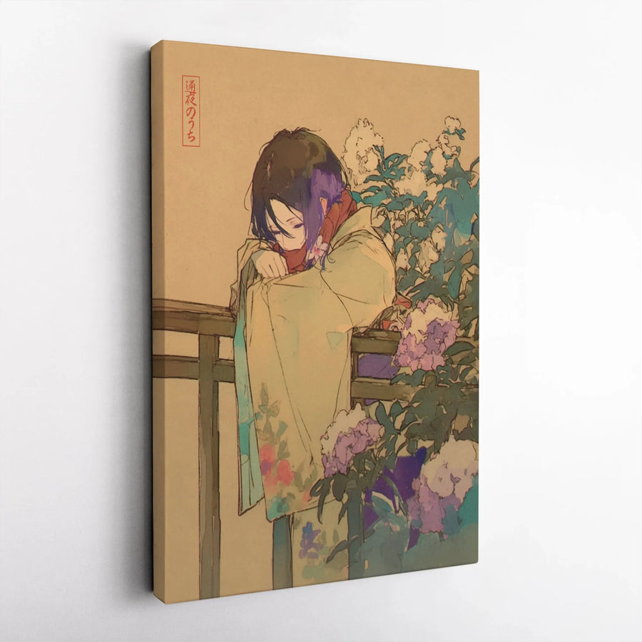 Anime Girl in Kimono Canvas Wall Art | Floral Japanese Aesthetic Print | Premium 1.25-Inch Gallery Wrap | Home Office Decor Gift