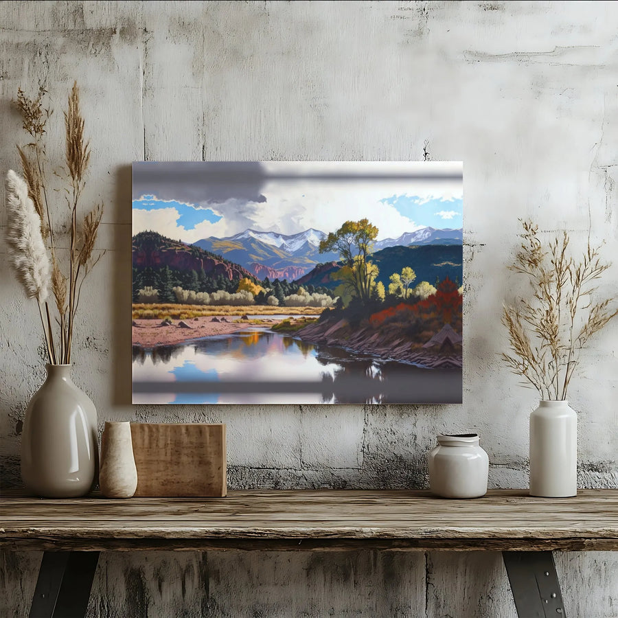 Mountain River Landscape Canvas Art | Snow-Capped Peak Nature Wall Decor | Gallery-Wrapped Premium Print | Rustic Cabin Interior Gift