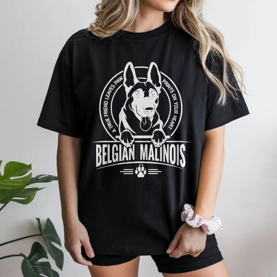 Belgian Malinois T-Shirt | A True Friend Leaves Paw Prints Design | Premium 100% Cotton Graphic Tee | Dog Lover Gift For Owners & Trainers