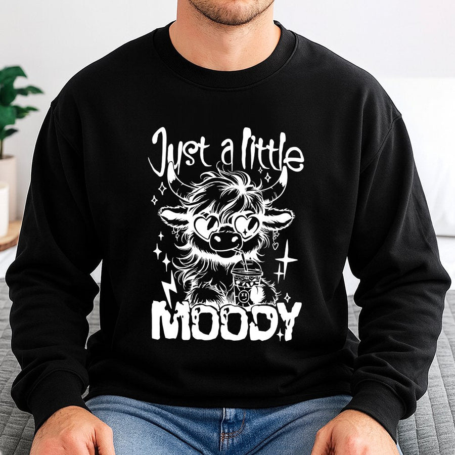 Highland Cow Sweatshirt | Just A Little Moody Retro Graphic Print | Premium Cotton Blend | Cozy Gift for Animal Lovers and Farmhouse Decor Fans