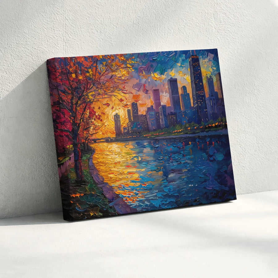 Abstract Cityscape Canvas Wall Art | Impressionist Sunset Painting Print | Premium Textured Art | Modern Urban Home Decor Gift