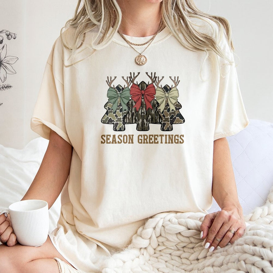 Camo Christmas Tree T-Shirt | Rustic Reindeer Bow Design | Soft 100% Cotton Premium Tee | Festive Holiday Gift for Women and Hunters