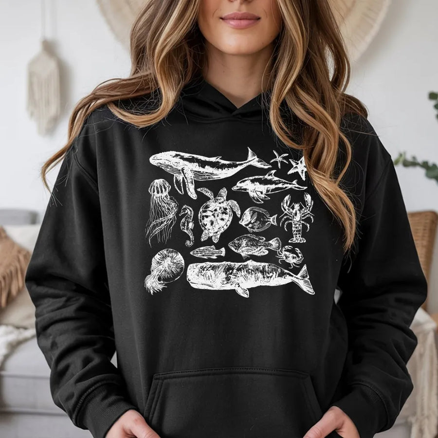 Vintage Sea Animals Hoodie | Marine Life Scientific Illustration | Premium Cotton Blend | Gift for Ocean Lover