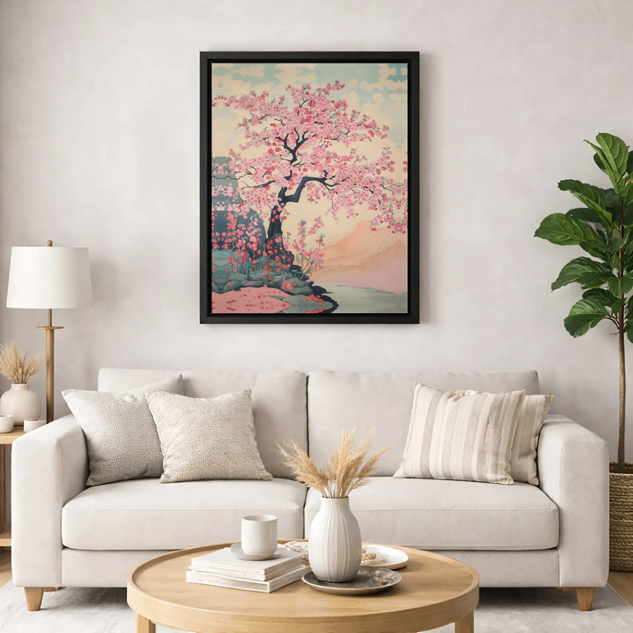 Japanese Cherry Blossom Canvas Art | Ukiyo-E Inspired Sakura Landscape | Premium Fade-Resistant Print | Elegant Home Decor Wall Hanging