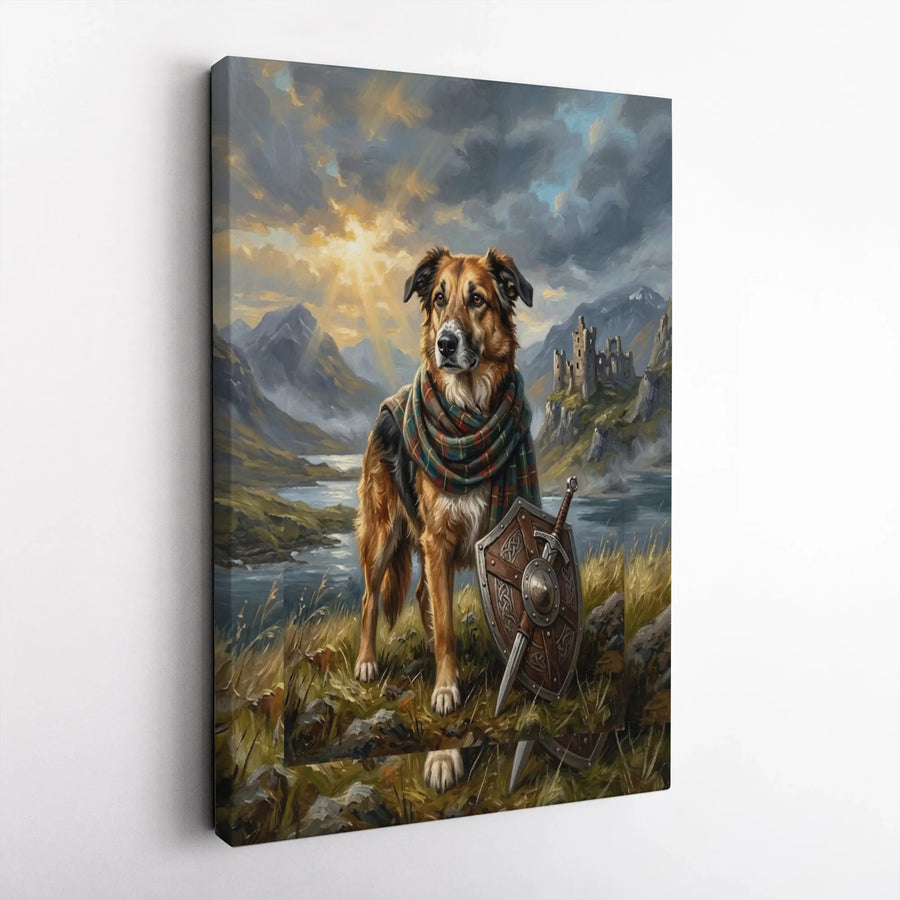 Scottish Highland Dog Warrior Vertical Canvas | Celtic Fantasy Shield Castle Landscape Oil Painting Style | 1.25 Inch Thick Fade-Resistant Gallery Wall Art | Unique Gift for Pet Lovers