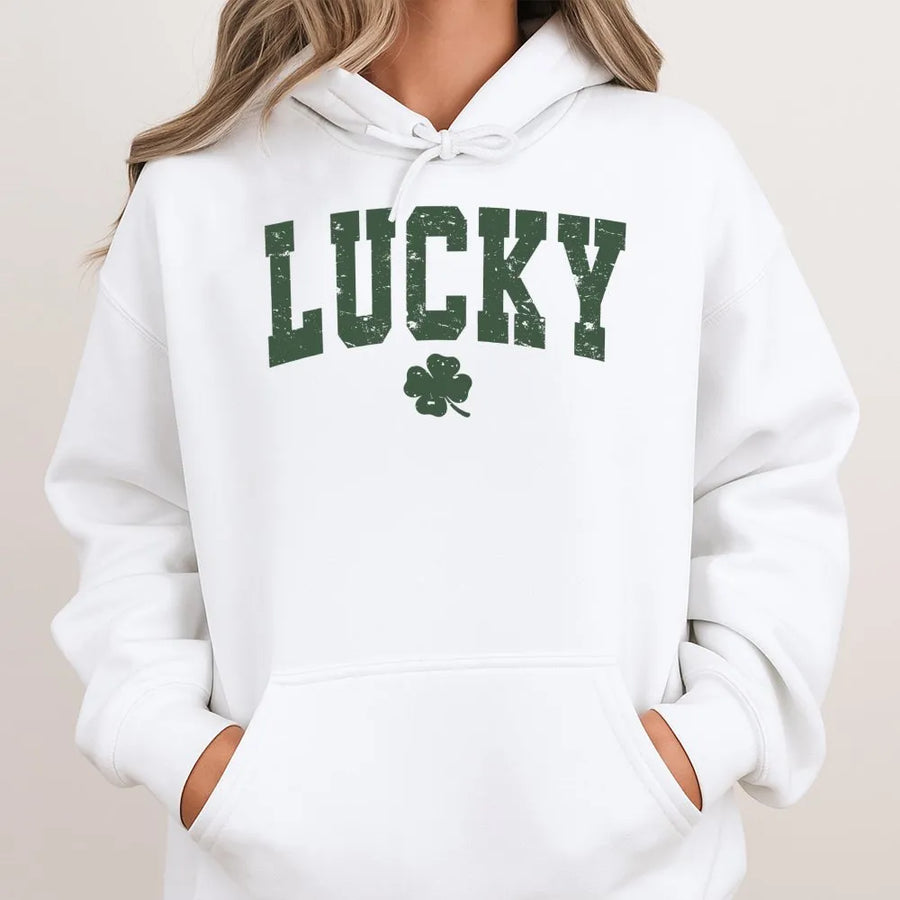 Lucky Shamrock Hoodie | Distressed Collegiate Font Graphic | Premium Cotton Blend | St. Patricks Day Gift For Her Him