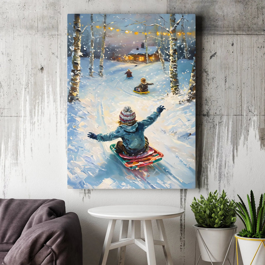 Winter Sledding Canvas Wall Art | Whimsical Snowy Forest Landscape with Cozy Cabin | Gallery-Wrapped Premium Print | Holiday Home Decor Gift