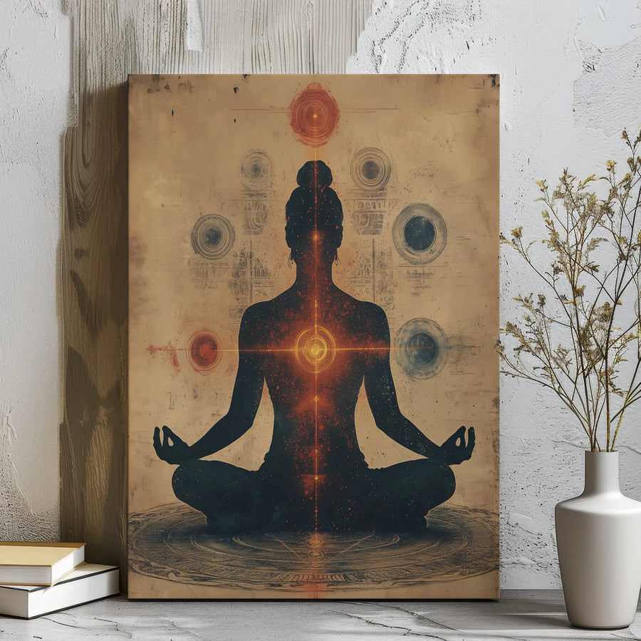 Meditating Chakra Canvas Wall Art | Zen Yoga Silhouette Design | Premium Gallery Wrap Decor | Spiritual Gift for Meditation Room or Studio