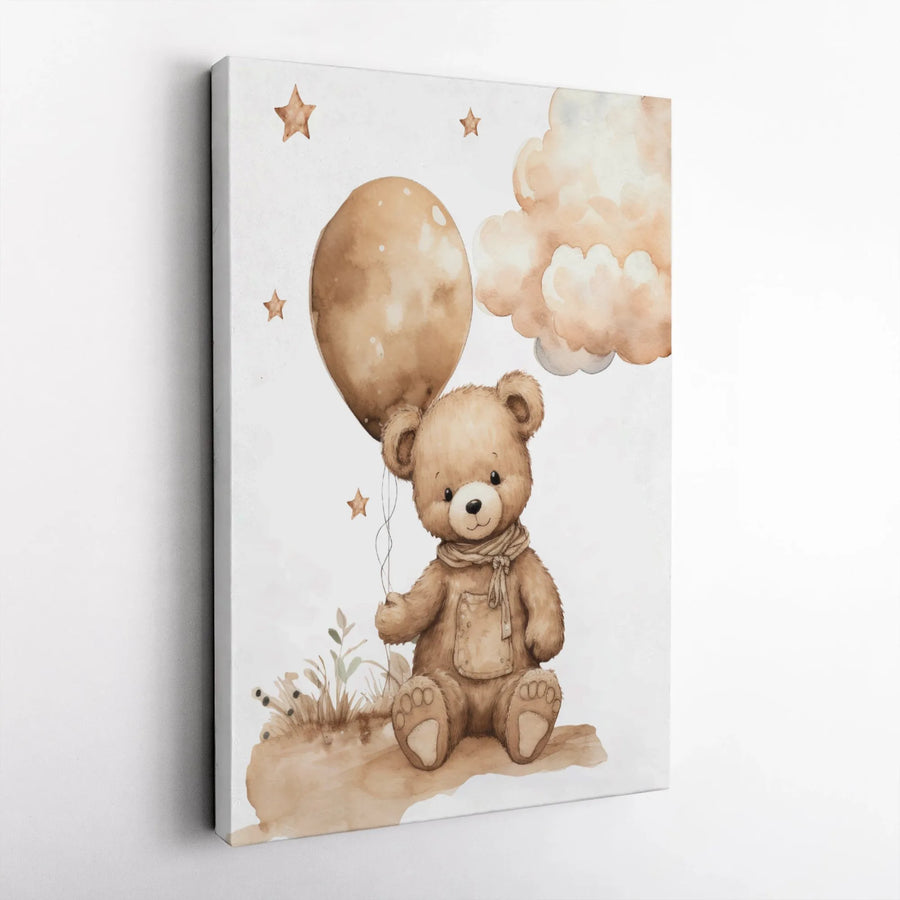 Teddy Bear Canvas Wall Art | Watercolor Bear with Balloon Print | Premium Thick Gallery Canvas | Kids Room Nursery Decor Baby Shower Gift