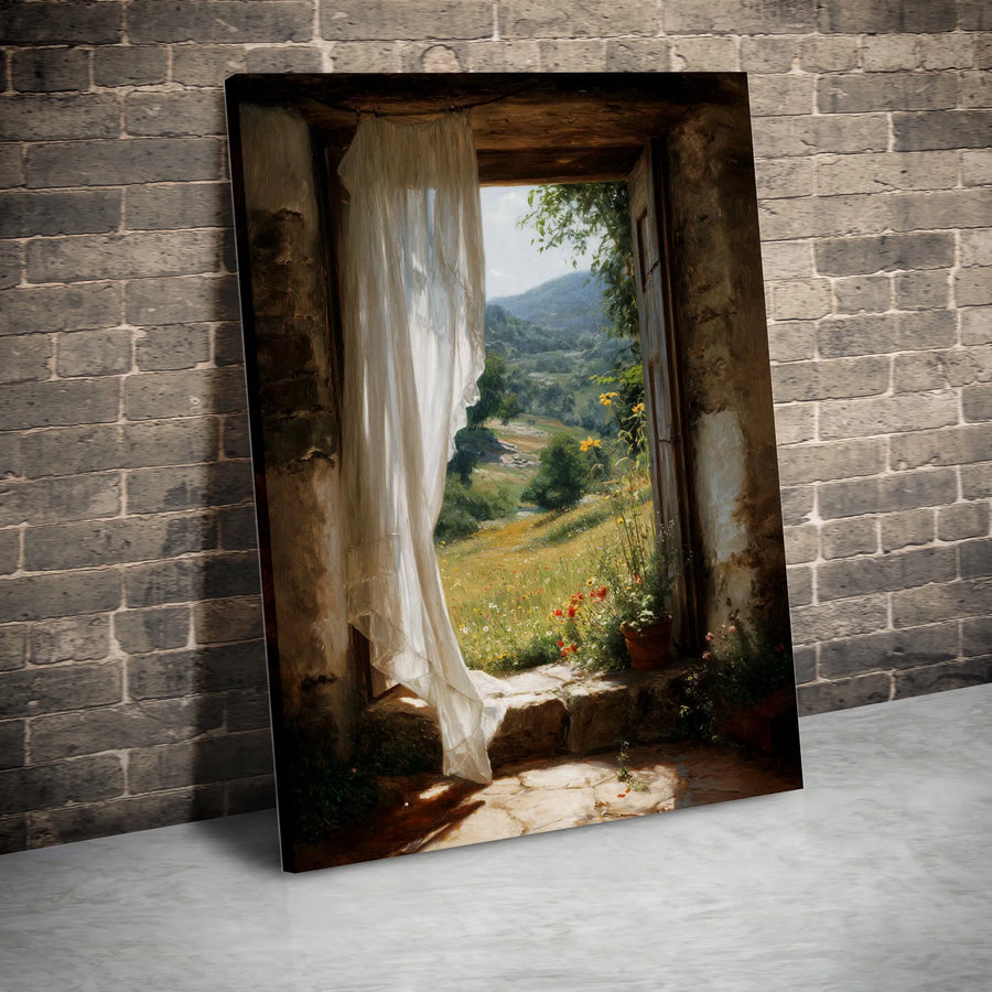Rustic Window View Canvas Print | Vintage Italian Countryside Painting | Premium Fade-Resistant Canvas | Farmhouse Living Room Wall Decor Gift
