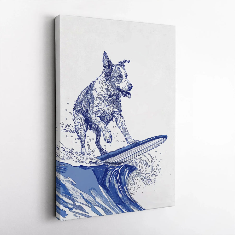 Surfing Dog Canvas Wall Art | Blue Line Art Nautical Illustration | 1.25 Inch Premium Gallery Wrap | Coastal Decor Gift for Dog Lovers