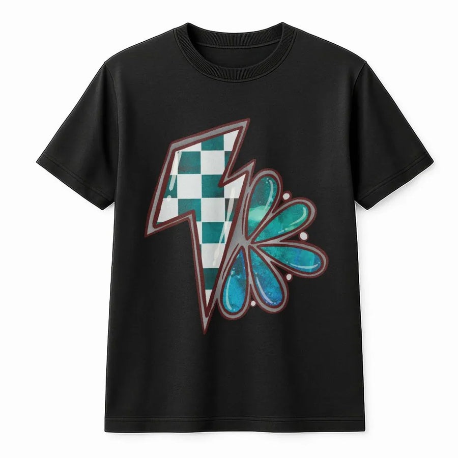 Western Lightning Bolt T-Shirt | Checkerboard Flower Graphic | 100% Cotton Premium Tee | Boho Cowgirl Country Western Gift for Women