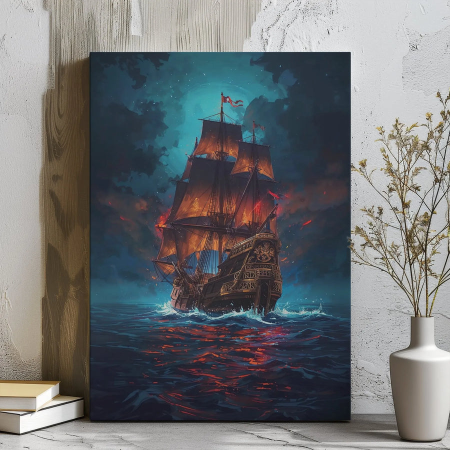 Ghost Ship Wall Art | Fiery Pirate Vessel on Stormy Sea | Gallery Wrapped Premium Canvas | Dramatic Nautical Home Decor Gift