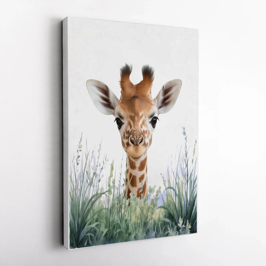 Baby Giraffe Canvas Wall Art | Watercolor Safari Animal Portrait | Premium Thick Gallery Canvas | Nursery Decor Gift for Kids