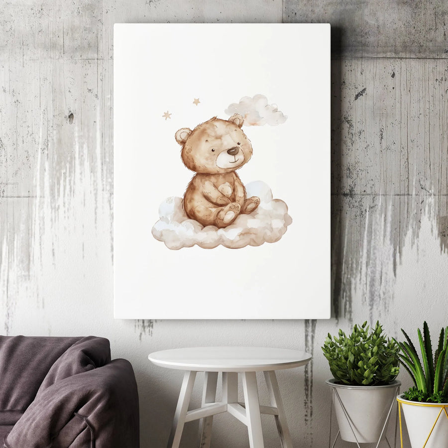 Watercolor Teddy Bear Wall Art | Cute Nursery Decor Cloud Print | Premium Gallery Wrapped Canvas | Baby Shower Gift for Newborn Room