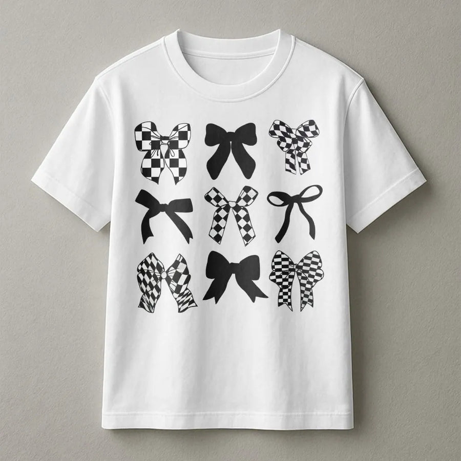 Coquette Bow T-Shirt | Black and White Checkered Ribbon Graphic | Premium Soft Cotton | Trendy Aesthetic Gift for Her