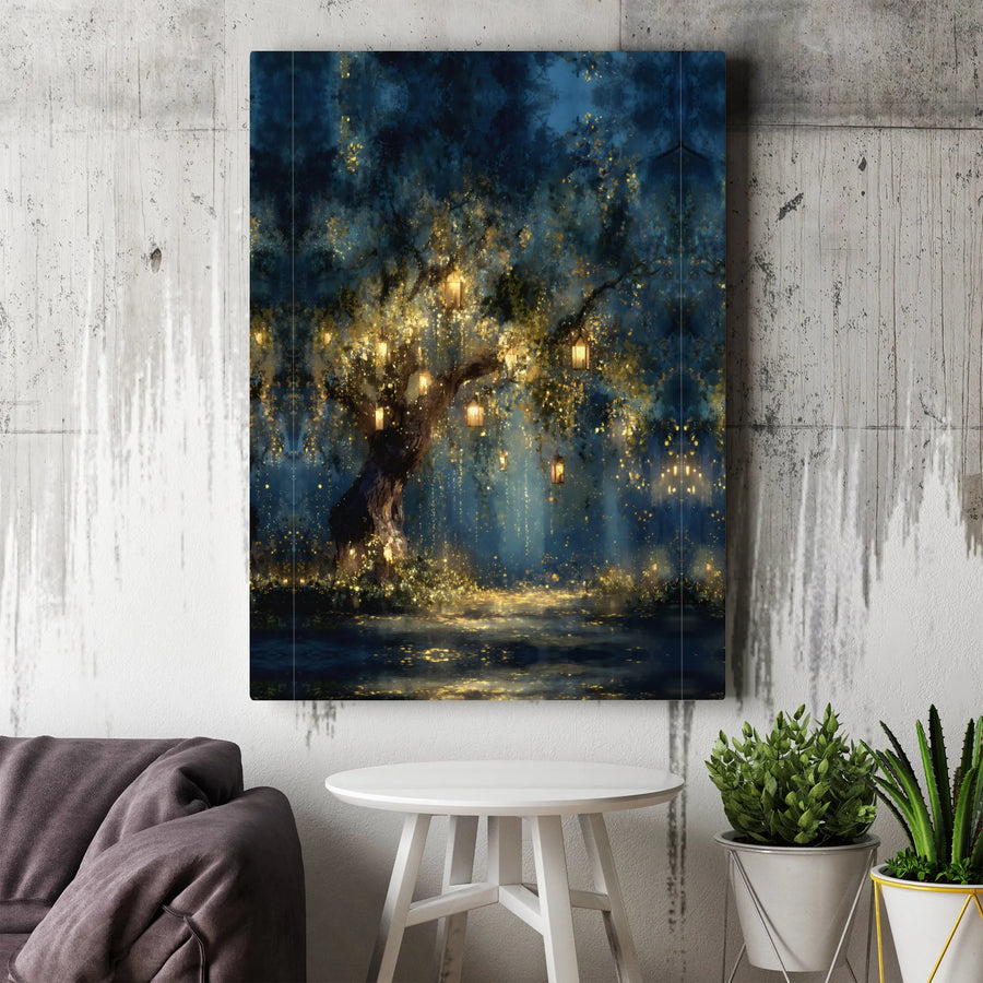 Enchanted Forest Canvas Wall Art | Magical Tree with Hanging Lanterns and Fireflies | Premium Gallery-Wrapped Print | Whimsical Home Decor Gift