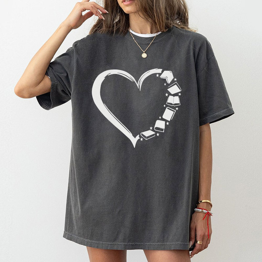 Book Lover T-Shirt | Heart Shaped Books Graphic | 100% Cotton Premium Tee | Reader Gift for Librarians and Literature Fans