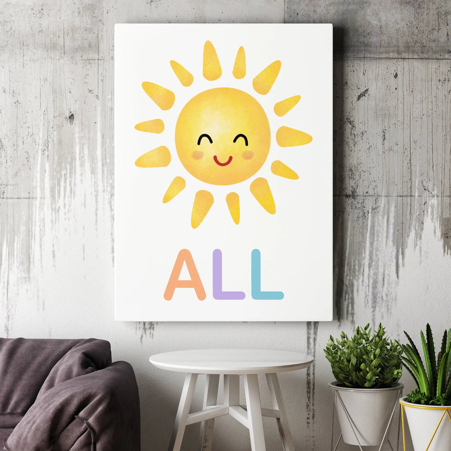 Cute Sun Canvas Print | Watercolor Sunshine Nursery Decor | Premium Thick Gallery Wrap | Gift for Kids Bedroom