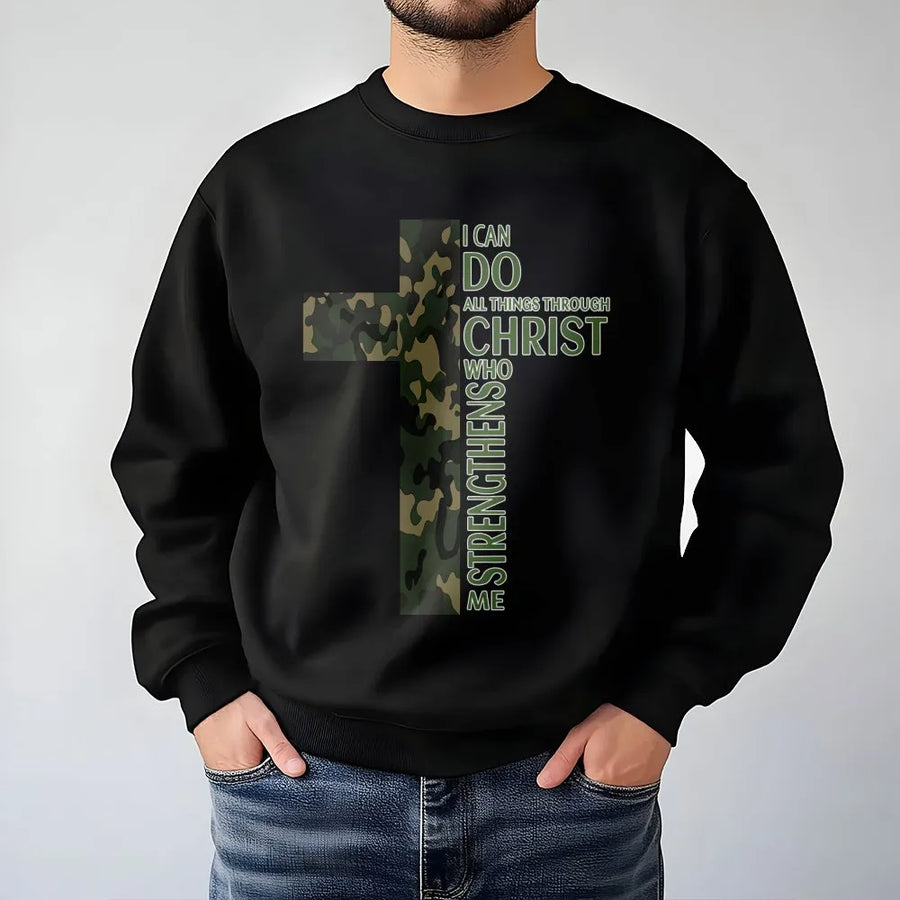 Camo Cross Sweatshirt | I Can Do All Things Through Christ Bible Verse | Premium Cotton Blend | Faith Based Christian Gift for Men and Women