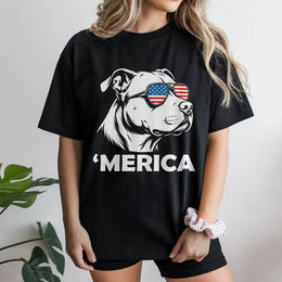'Merica Pitbull Shirt | Funny Dog with American Flag Sunglasses | Premium Cotton Tee | 4th of July Gift for Dog Lover