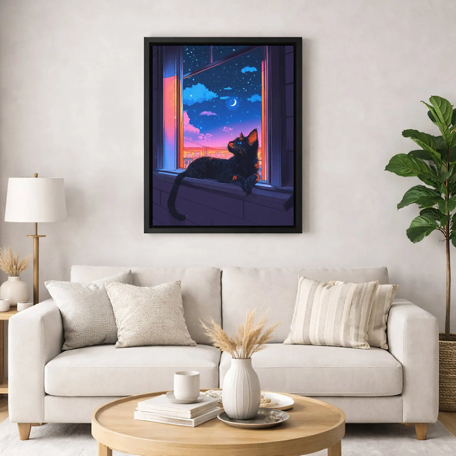 Black Cat Wall Art | Night Sky Cityscape Print | 1.25 Inch Premium Gallery Canvas | Aesthetic Bedroom Decor Gift