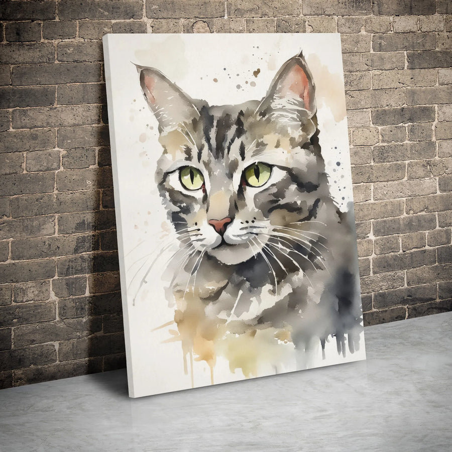 Grey Tabby Cat Wall Art | Watercolor Portrait Canvas Print | 1.25” Gallery Wrap | Premium Pet Lover Gift Home Decor