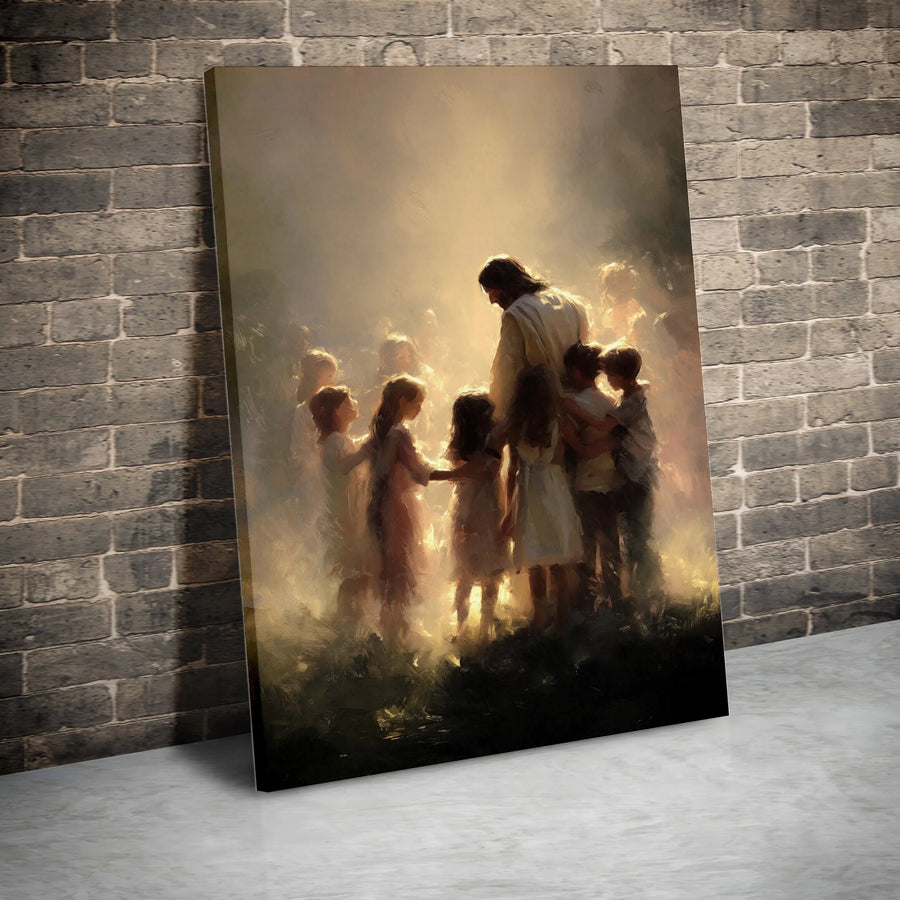 Jesus with Children Canvas Wall Art | Impressionist 'Let The Children Come To Me' Painting | Premium Thick Gallery Canvas | Inspirational Christian Gift