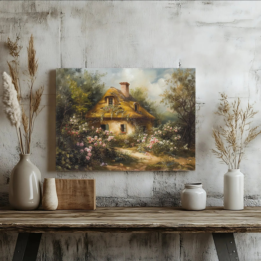 English Cottage Canvas Print | Romantic Garden Landscape Art | Premium Gallery Wrap Canvas | Cottagecore Home Decor Gift
