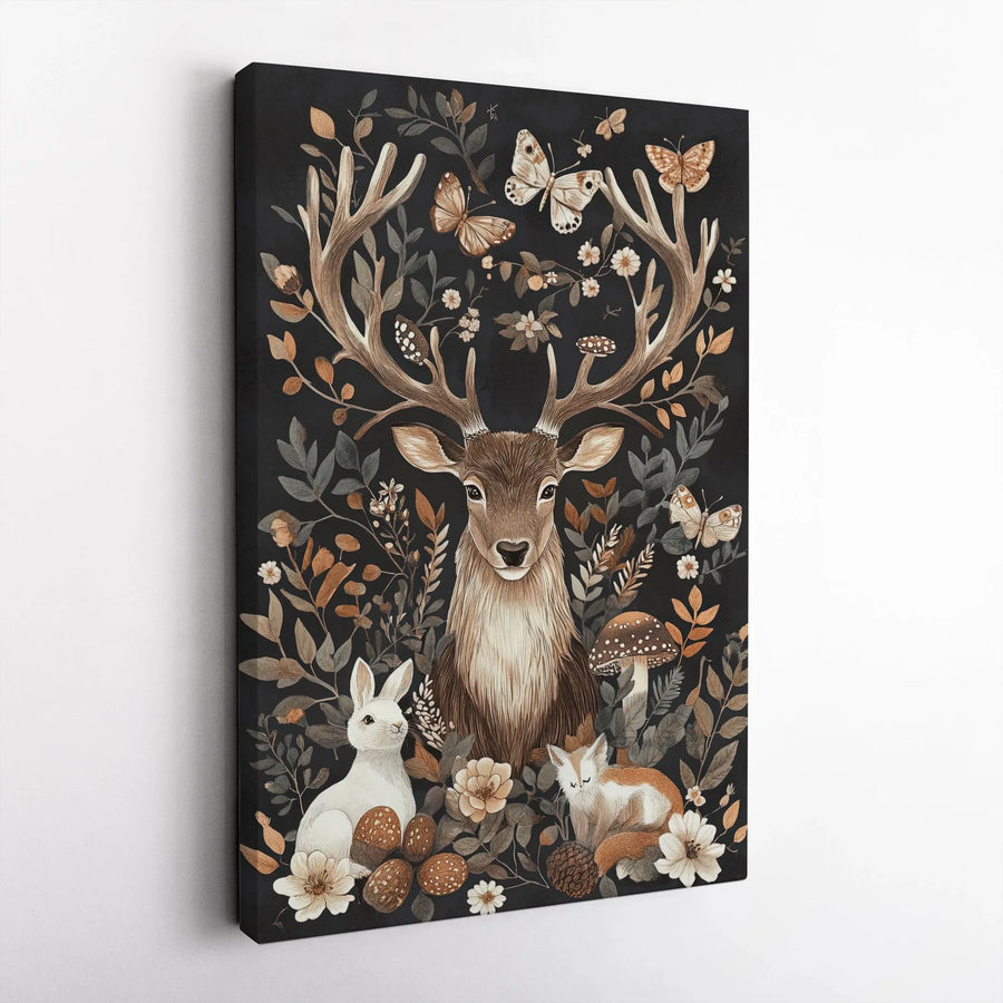 Woodland Deer Vertical Canvas | Forest Animals & Botanical Illustration | Premium Gallery Wrapped Canvas | Rustic Home Decor Gift