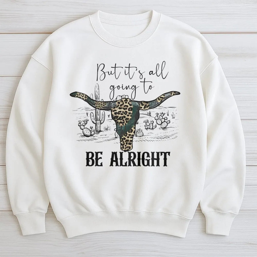 Be Alright Western Sweatshirt | Leopard Print Longhorn Skull Graphic | Premium Cotton Blend | Inspirational Boho Country Gift for Women