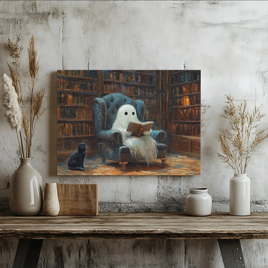 Ghost Reading Book Canvas Wall Art | Library Aesthetic with Black Cat | Premium Gallery Wrap Print | Spooky Academia Decor for Book Lovers