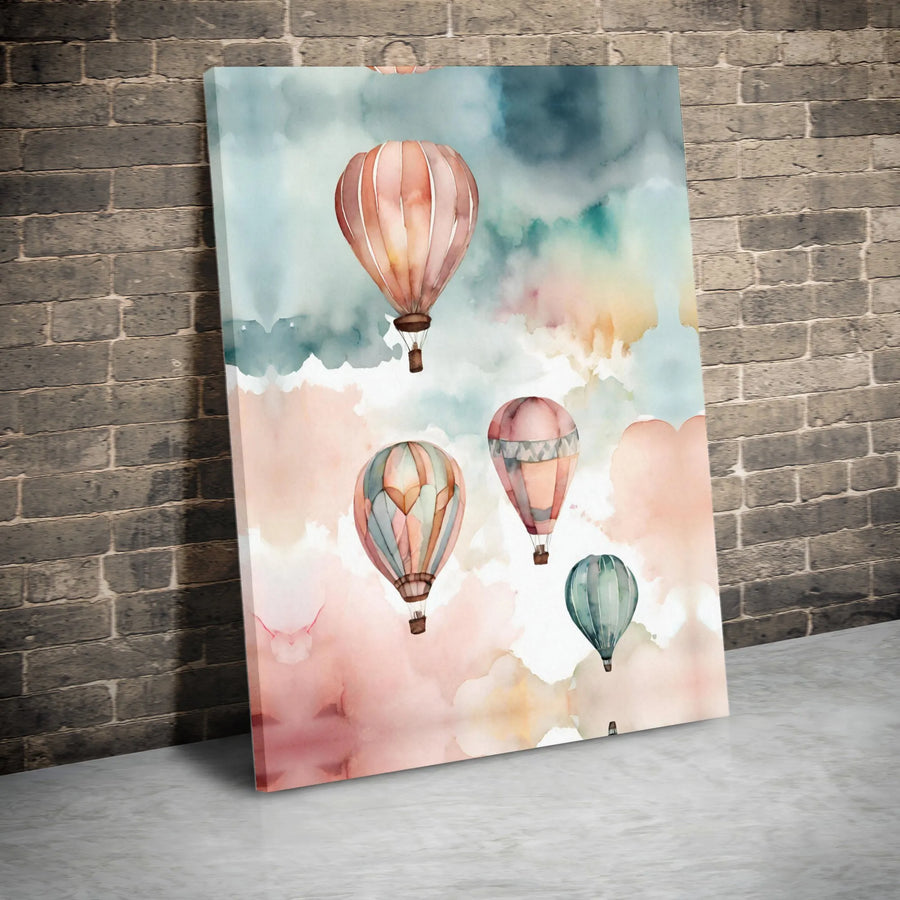 Hot Air Balloon Wall Art | Watercolor Pastel Clouds Print | Premium Gallery-Wrapped Canvas | Nursery & Living Room Decor Gift