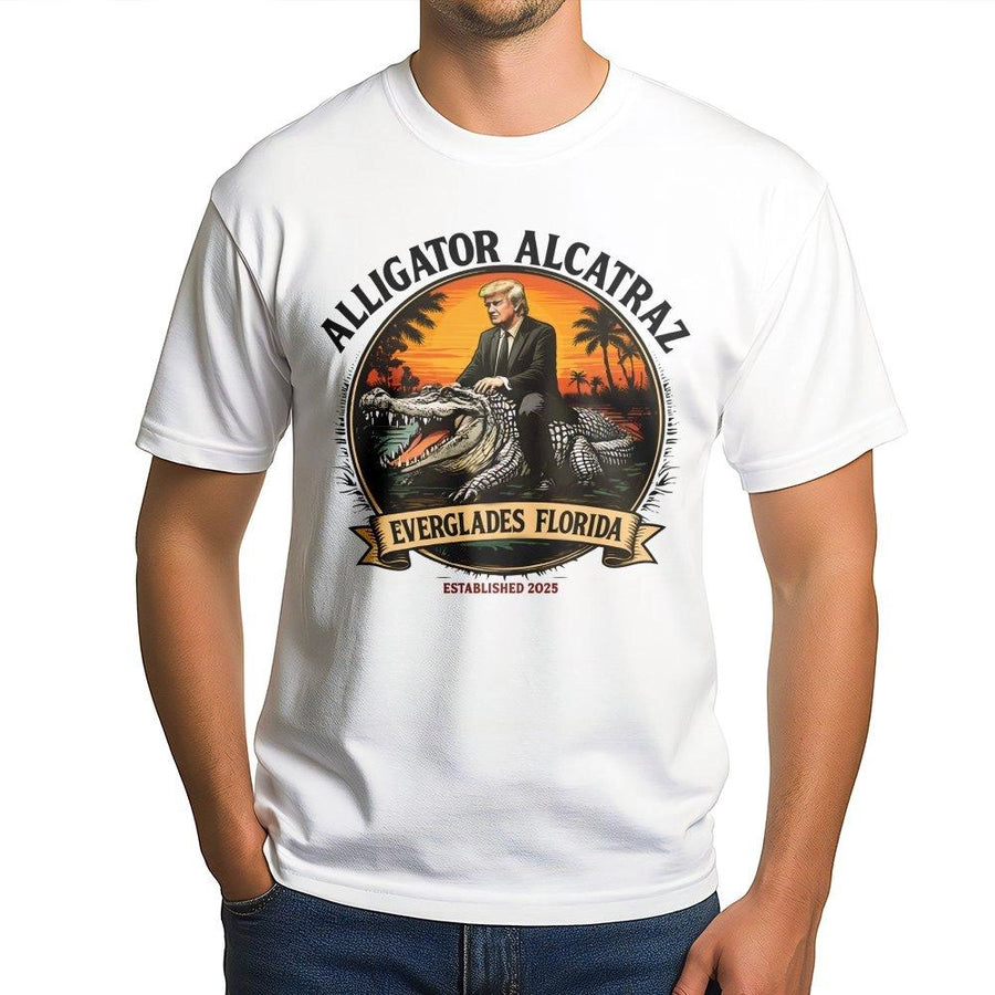 Florida Alligator Riding T-Shirt | Retro Everglades Sunset Graphic | Premium Cotton Unisex Tee | Funny Politically Inspired Gift for Men Women