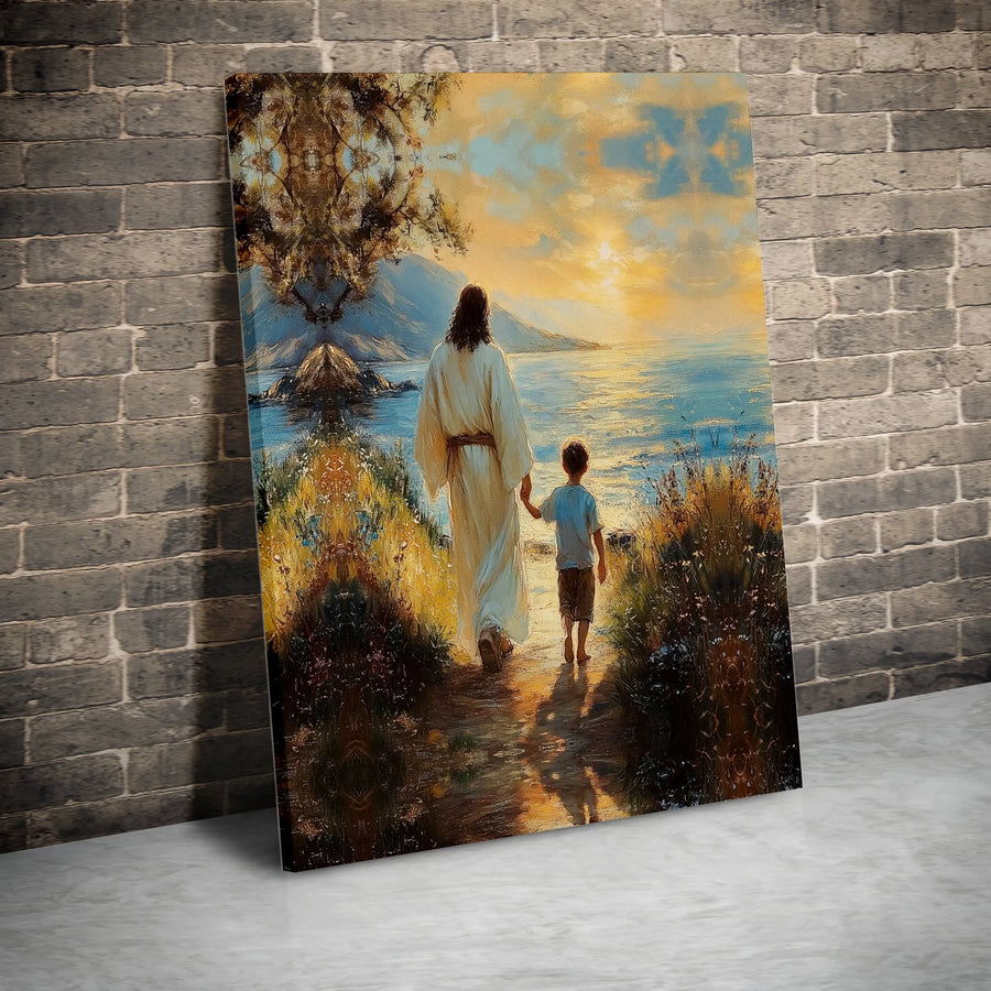 Jesus and Child Canvas Wall Art | Walking with God Sunset Painting | Premium Christian Home Decor | Inspirational Religious Gift