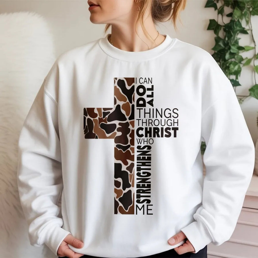 I Can Do All Things Through Christ Sweatshirt | Leopard Cross Bible Verse Print | Premium Unisex Christian Apparel | Faith Based Religious Gift