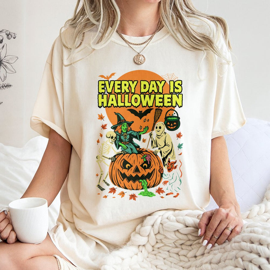 Every Day Is Halloween T-Shirt | Retro Spooky Pumpkin & Witch Graphic | 100% Cotton Premium Tee | Unique Halloween Gift For Horror Fans
