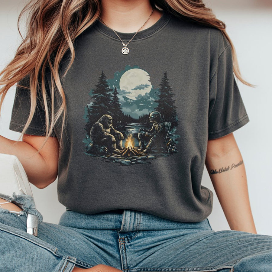 Bigfoot and Alien T-Shirt | Campfire Camping Graphic Design | 100% Cotton Premium Tee | Unique Cryptid Lover Gift