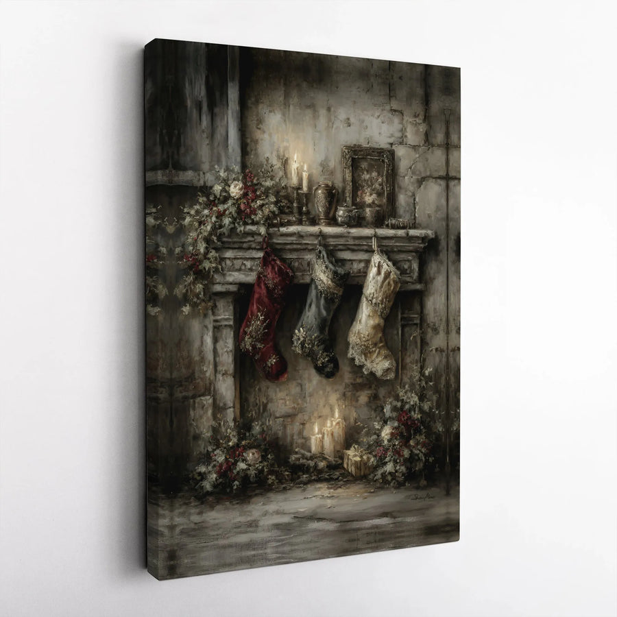 Vintage Christmas Fireplace Canvas Wall Art | Rustic Holiday Stockings Decor | Premium Fade-Resistant Gallery Wrap | Cozy Winter Living Room Gift
